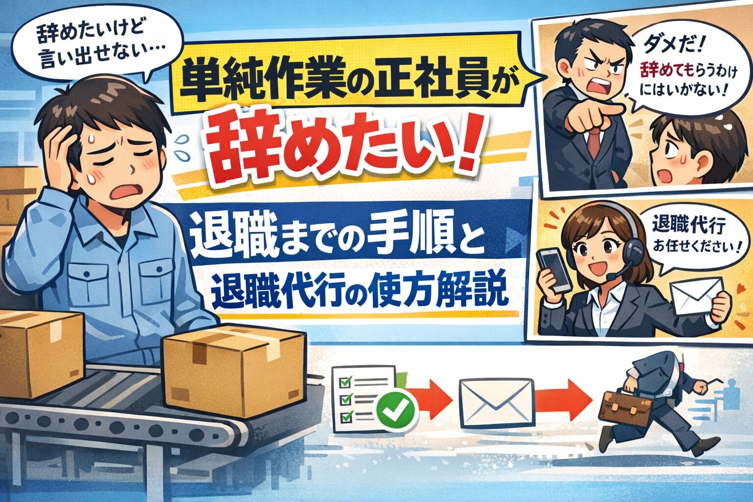 単純作業の正社員が辞めたいのに言えない!退職までの手順と退職代行の使い方解説